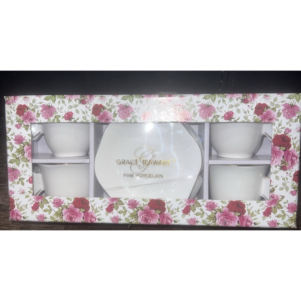 NEW Grace Teaware Butterflies Set of 4 Espresso Cups & Saucers White Gold Trim